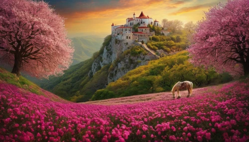 fantasy picture,fantasy landscape,fairytale castle,fairy tale castle,springtime background,pink grass,landscape background,splendor of flowers,japanese sakura background,rapunzel,tulip field,purple landscape,spring background,flower field,tulips field,landscape rose,world digital painting,a fairy tale,3d fantasy,flower background,Photography,Documentary Photography,Documentary Photography 32