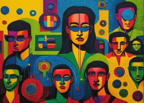 multicolor faces,faces,heads,pop art people,group of people,indigenous painting,oil painting on canvas,oil on canvas,audience,african art,art exhibition,khokhloma painting,peoples,parcheesi,self unity,collective,popart,avatars,indian art,psychedelic art,Conceptual Art,Daily,Daily 19