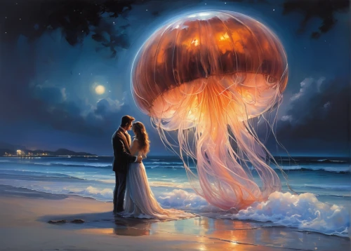 romantic scene,love in air,romantic night,lion's mane jellyfish,love in the mist,fantasy picture,jellyfish,oil painting on canvas,honeymoon,amorous,romantic,fantasy art,loving couple sunrise,fire artist,art painting,romantic portrait,couple in love,chinese lantern,the ball,courtship,Conceptual Art,Oil color,Oil Color 03