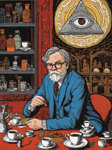 all seeing eye,copernican world system,theoretician physician,escher,occult,examining,alchemy,ervin hervé-lóránth,esoteric,david bates,psychoanalysis,sci fiction illustration,saucer,watchmaker,reading magnifying glass,optician,coffee and books,astronomer,freemasonry,tea and books,Illustration,Black and White,Black and White 20