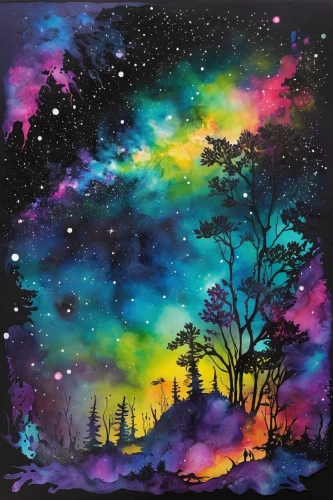 rainbow and stars,colorful stars,fairy galaxy,night sky,colorful star scatters,glow in the dark paint,the night sky,starry sky,watercolor background,nightsky,night stars,aurora colors,northern lights,aurora borealis,watercolor tree,galaxy,hanging stars,falling stars,starscape,the northern lights,Illustration,Paper based,Paper Based 06
