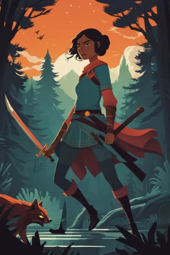 mulan,warrior woman,female warrior,wonderwoman,huntress,digital illustration,vector illustration,swordswoman,vector art,the wanderer,adventurer,rosa ' amber cover,wonder woman,red riding hood,wander,sci fiction illustration,archer,ranger,mountain guide,pocahontas,Illustration,Vector,Vector 05