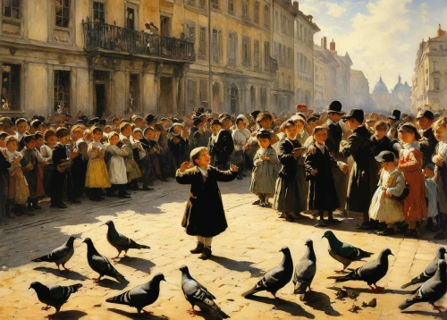 the pied piper of hamelin,a flock of pigeons,doves and pigeons,the carnival of venice,pigeons,pigeons and doves,bougereau,city pigeons,street pigeons,procession,violinists,orsay,universal exhibition of paris,street musicians,pigeons without a background,throwing hats,hamelin,pigeon birds,child feeding pigeons,pigeon flight,Art,Classical Oil Painting,Classical Oil Painting 09