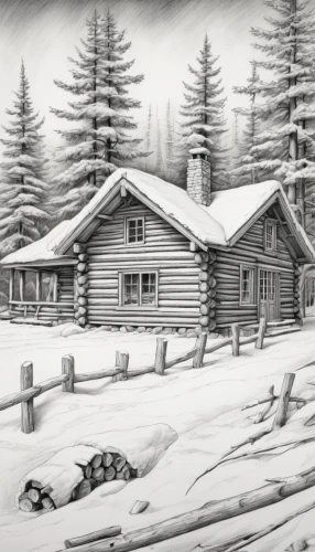 log cabin,winter house,snow scene,the cabin in the mountains,log home,snow drawing,snow house,winter landscape,winter background,mountain hut,small cabin,snow landscape,winter village,snowy landscape,snow shelter,lodge,mountain huts,cottage,snowhotel,house drawing,Illustration,Black and White,Black and White 30