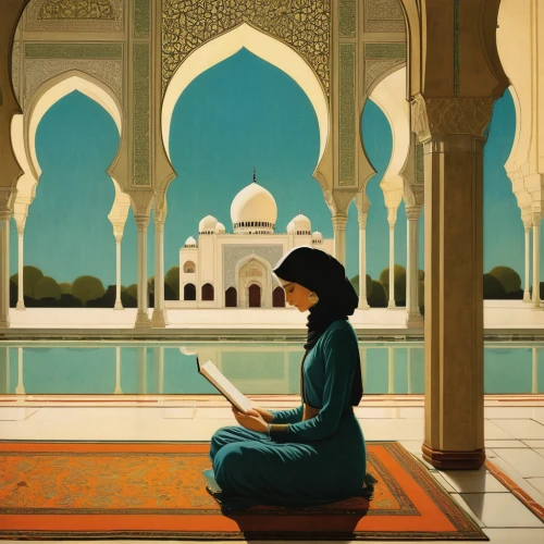 shahi mosque,rem in arabian nights,girl studying,orientalism,agra,ibn tulun,girl praying,praying woman,woman praying,islamic girl,zayed mosque,taj mahal,mosques,the hassan ii mosque,sheikh zayed mosque,taj-mahal,tajmahal,sheihk zayed mosque,quran,sheikh zayed grand mosque,Illustration,Retro,Retro 15