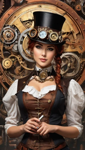 steampunk,steampunk gears,clockmaker,watchmaker,girl with a wheel,switchboard operator,clockwork,key-hole captain,victorian lady,grandfather clock,ships wheel,coffee wheel,ladies pocket watch,brown sailor,cog,telephone operator,antiquariat,barmaid,the hat of the woman,victorian style,Conceptual Art,Fantasy,Fantasy 25