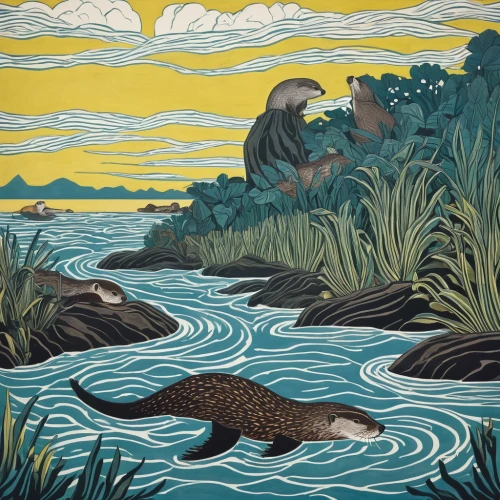otters,sea otter,david bates,north american river otter,waterfowls,nutria,giant otter,cool woodblock images,otter,brook landscape,water ouzel,south american alligators,marsh crocodile,river cooter,american alligators,platypus,water fowl,cape teal ducks,aboriginal art,nutria-young,Art,Artistic Painting,Artistic Painting 50