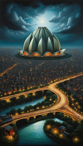 lotus temple,roof domes,musical dome,flying saucer,lotustemple,circus tent,aerial view umbrella,world digital painting,airships,tempodrom,airship,basil's cathedral,planetarium,dome roof,ufo,big top,futuristic landscape,aerial landscape,sci fiction illustration,heliosphere,Illustration,Realistic Fantasy,Realistic Fantasy 34