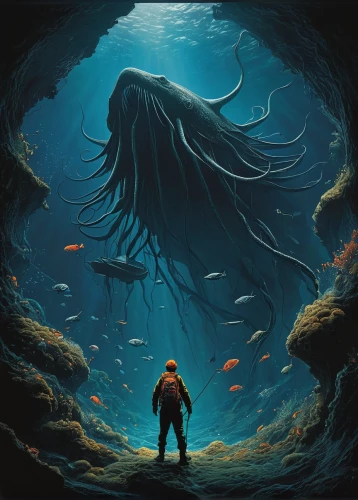 undersea,deep sea,the bottom of the sea,deep sea nautilus,under sea,giant squid,bottom of the sea,nautilus,under the sea,god of the sea,underwater background,exploration of the sea,sea monsters,the people in the sea,abyss,marine biology,sea-life,deep sea diving,kraken,ocean floor,Illustration,Black and White,Black and White 26