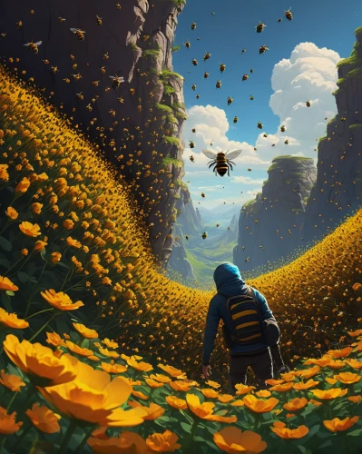 sunflower field,swarm of bees,bee colony,falling flowers,sunflowers,bee farm,chasing butterflies,bee hive,sunflower paper,flying seeds,mushroom landscape,honey bee home,flowers fall,beekeeper,sunflowers in vase,flying dandelions,cartoon video game background,autumn background,pollinate,yellow petals,Conceptual Art,Sci-Fi,Sci-Fi 12