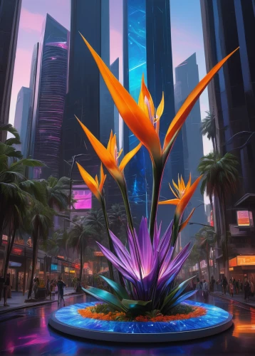 strelitzia,city fountain,strelitzia orchids,phoenix,bird of paradise,bird of paradise flower,the eternal flame,flower bird of paradise,futuristic landscape,decorative fountains,diamond lagoon,bromelia,palm lily,night-blooming cactus,growth icon,tropical bloom,lotus stone,fountain of friendship of peoples,lotus png,fantasy city,Conceptual Art,Daily,Daily 01