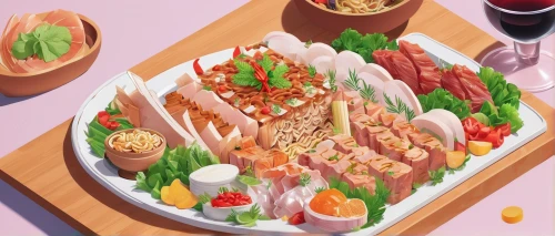 sushi plate,sushi set,sashimi,food platter,osechi,food table,japanese cuisine,kawaii food,japanese food,seafood platter,seafood,sushi japan,platter,dinner tray,japanese meal,bento,salad plate,placemat,katsudon,delicious food,Unique,3D,Isometric