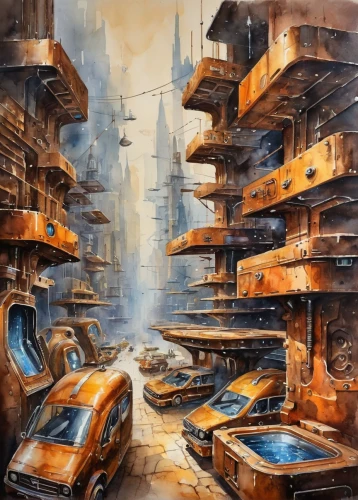 destroyed city,dystopian,cityscape,slum,kowloon city,post-apocalyptic landscape,ancient city,futuristic landscape,dystopia,kowloon,city blocks,rusty cars,shanghai,watercolor shops,metropolis,parking place,urbanization,car cemetery,slums,world digital painting,Illustration,Paper based,Paper Based 24