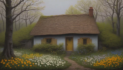 country cottage,cottage,little house,cottage garden,dandelion hall,witch's house,small house,summer cottage,thatched cottage,home landscape,fairy house,lonely house,house painting,house in the forest,woman house,yellow garden,lincoln's cottage,garden shed,daffodils,farmhouse,Conceptual Art,Daily,Daily 30