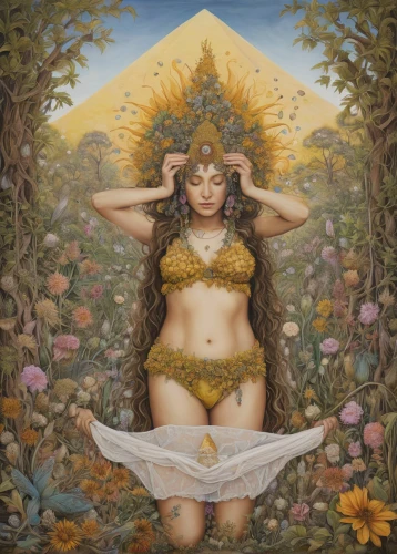 sacred lotus,solar plexus chakra,anahata,secret garden of venus,kundalini,spring equinox,lotus with hands,pachamama,tantra,mantra om,faerie,venus,lotus blossom,mother earth,la nascita di venere,lotus hearts,lotus,priestess,fantasy woman,fantasy art,Illustration,Paper based,Paper Based 08