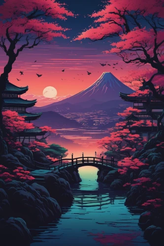 japan landscape,kyoto,mount fuji,purple landscape,mt fuji,japanese mountains,japan,japanese background,japanese sakura background,fuji,beautiful japan,fantasy landscape,landscape background,dusk background,dusk,tsukemono,japan garden,japan's three great night views,芦ﾉ湖,fuji mountain,Conceptual Art,Fantasy,Fantasy 32