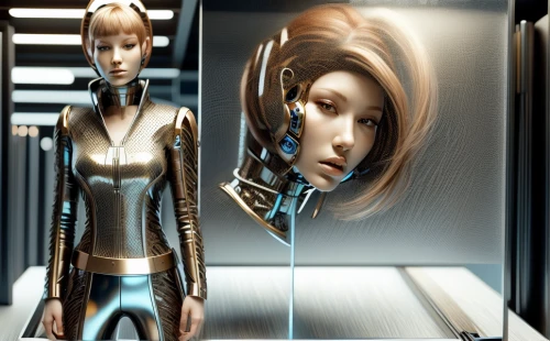 cybernetics,artificial hair integrations,latex clothing,metallic door,scifi,humanoid,virtual identity,cyberspace,biomechanical,sci fi,cyber,computer graphics,doll looking in mirror,futuristic art museum,sprint woman,futuristic,metallic,mannequins,droid,sci - fi