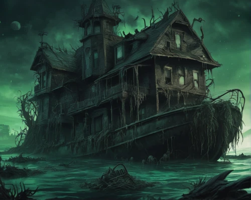 ghost ship,houseboat,ghost castle,house by the water,ship wreck,the haunted house,rotten boat,haunted castle,sunken ship,haunted house,witch's house,house with lake,house of the sea,witch house,shipwreck,abandoned boat,lostplace,creepy house,fisherman's house,old ship,Illustration,Realistic Fantasy,Realistic Fantasy 47