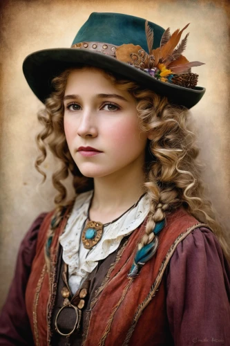 mystical portrait of a girl,girl wearing hat,victorian lady,the hat-female,vintage female portrait,fantasy portrait,the hat of the woman,young girl,vintage girl,mary pickford - female,jessamine,portrait of a girl,woman's hat,girl in a historic way,girl portrait,hatter,lilian gish - female,vintage woman,women's hat,stovepipe hat,Conceptual Art,Daily,Daily 34