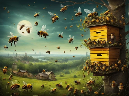 apiary,bee farm,beekeeping,bee hive,bee colony,bee house,beekeepers,honey bee home,bee colonies,swarm of bees,beehives,beekeeper,honey bees,bees,honeybees,stingless bees,bee keeping,bee-keeping,beehive,hive,Illustration,Abstract Fantasy,Abstract Fantasy 01