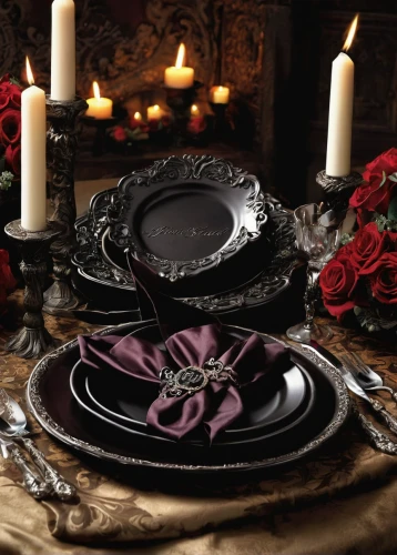 dinnerware set,place setting,tablescape,black plates,tableware,table setting,gothic style,gothic fashion,dishware,black rose,serveware,decorative plate,black table,romantic dinner,black candle,cookware and bakeware,table decoration,dark mood food,gothic,dinner tray,Conceptual Art,Fantasy,Fantasy 27