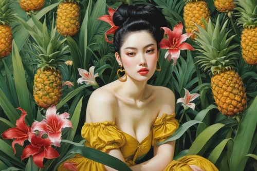 vietnamese woman,han thom,ananas,kaew chao chom,pineapple top,pinapple,青龙菜,pineapple background,fresh pineapples,asian woman,woman eating apple,ginger blossom,pineapples,oriental girl,pineapple flower,vietnam,exotic flower,girl in flowers,chinese art,lychee,Conceptual Art,Daily,Daily 14