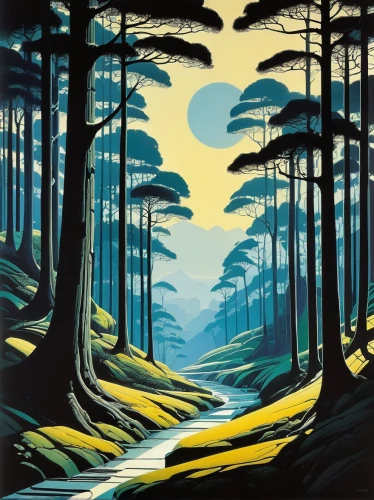 pine forest,forest landscape,forest road,coniferous forest,olle gill,cool woodblock images,spruce forest,pine trees,fir forest,temperate coniferous forest,spruce-fir forest,the forests,tropical and subtropical coniferous forests,forest of dean,david bates,larch forests,travel poster,cartoon forest,old-growth forest,forests,Illustration,Vector,Vector 09