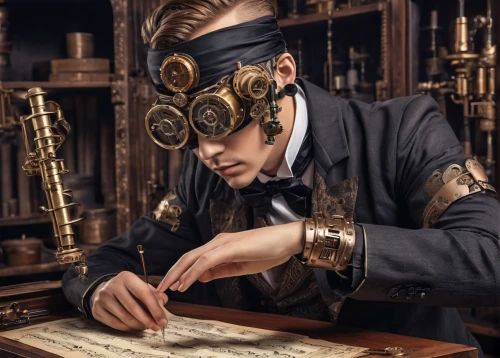 watchmaker,steampunk,steampunk gears,clockmaker,masquerade,antiquariat,the carnival of venice,opera glasses,venetian mask,organist,brass instrument,tailor,apothecary,aristocrat,magician,bellboy,writing accessories,gambler,merchant,reading magnifying glass,Conceptual Art,Fantasy,Fantasy 25