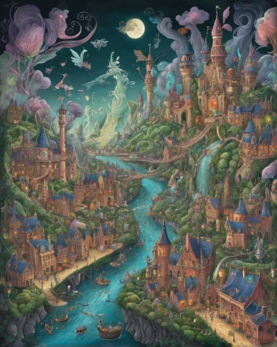 fantasy city,fairy world,fantasy world,fairy village,fantasy landscape,3d fantasy,dream world,aurora village,fantasy picture,knight village,elves flight,fantasy art,world digital painting,atlantis,ancient city,escher village,fantasia,medieval town,children's fairy tale,fairy tale castle,Illustration,Realistic Fantasy,Realistic Fantasy 02