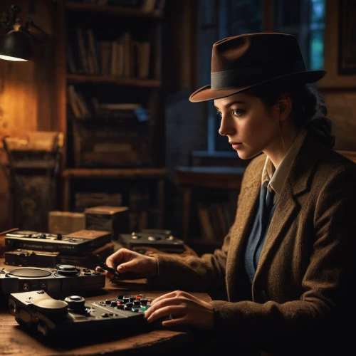 girl at the computer,telephone operator,switchboard operator,librarian,typewriting,watchmaker,phonograph,the phonograph,barebone computer,vintage women,bowler hat,ondes martenot,vintage woman,iris on piano,the hat-female,busy lizzie,transistor checking,learn to write,vintage girl,hat retro,Conceptual Art,Oil color,Oil Color 17