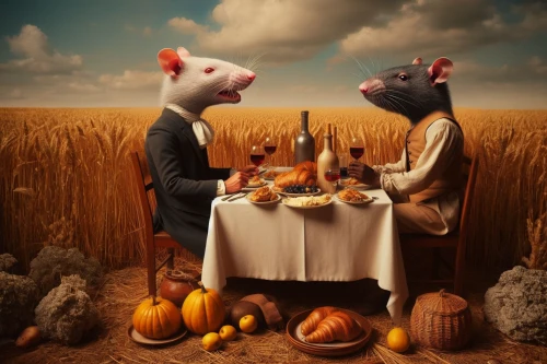 dinner for two,fall animals,romantic dinner,whimsical animals,anthropomorphized animals,conceptual photography,thanksgiving background,thanksgiving dinner,autumn taste,surrealism,harvest festival,pig's trotters,pumpkin soup,dinner party,vintage mice,autumn theme,fine dining restaurant,mice,rodents,animals play dress-up