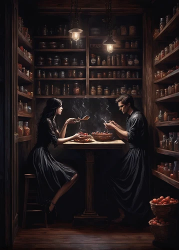 apothecary,potions,dark cabinetry,pantry,candlemaker,dark cabinets,alchemy,witches,brandy shop,sci fiction illustration,witch house,conceptual photography,monks,pharmacy,dark art,dark mood food,kitchen shop,fortune telling,girl in the kitchen,divination,Conceptual Art,Fantasy,Fantasy 34