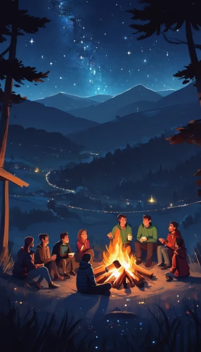 campfire,campfires,campers,campsite,camp fire,camping,frog gathering,fireflies,fireside,travelers,game illustration,stargazing,bonfire,camp out,scouts,night scene,river pines,romantic night,kids illustration,firepit,Conceptual Art,Fantasy,Fantasy 14