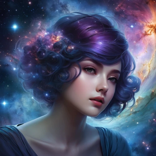 fantasy portrait,fantasy art,astronomer,fairy galaxy,mystical portrait of a girl,fantasy picture,la violetta,cassiopeia,andromeda,zodiac sign libra,cosmos,celestial,horoscope libra,astronomy,cosmic flower,space art,virgo,sci fiction illustration,celestial bodies,celestial body,Illustration,Realistic Fantasy,Realistic Fantasy 15