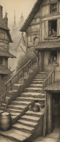 wooden houses,docks,popeye village,mountain settlement,escher village,vintage drawing,sepia,fishing village,alpine village,medieval town,game drawing,tavern,medieval street,peter-pavel's fortress,wooden pier,villages,dock,mountain village,traditional village,aurora village,Illustration,Black and White,Black and White 23