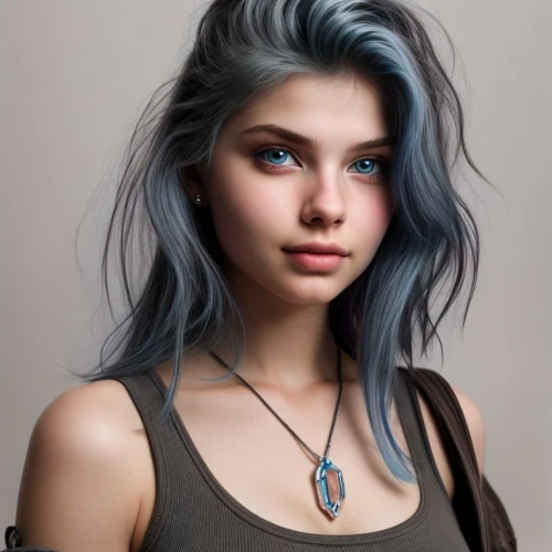 blue hair,silver blue,girl portrait,grunge,color turquoise,silvery blue,indigo,natural color,denim background,turquoise,gray color,azure,beautiful young woman,eurasian,blu,grey background,color blue,punk,necklace,heterochromia,Common,Common,Photography