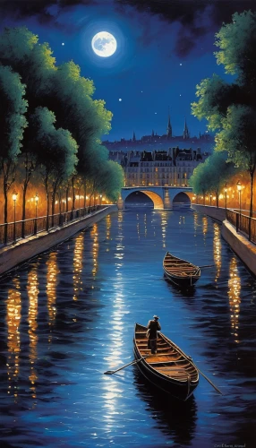 night scene,grand canal,canals,gondolier,moonlit night,romantic night,romantic scene,boat landscape,row boat,italian painter,river seine,canal,city moat,venice,row boats,art painting,rowboats,fantasy picture,venetian,venezia,Illustration,American Style,American Style 07