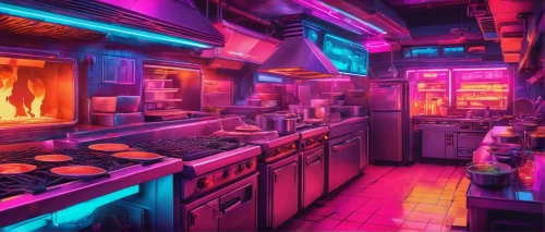 kitchen,ufo interior,big kitchen,retro diner,neon coffee,80's design,kitchen interior,the kitchen,80s,cyberpunk,aesthetic,diner,appliances,chefs kitchen,kitchen fire,stove,kitchen shop,star kitchen,neon ghosts,kitchenette,Conceptual Art,Sci-Fi,Sci-Fi 27