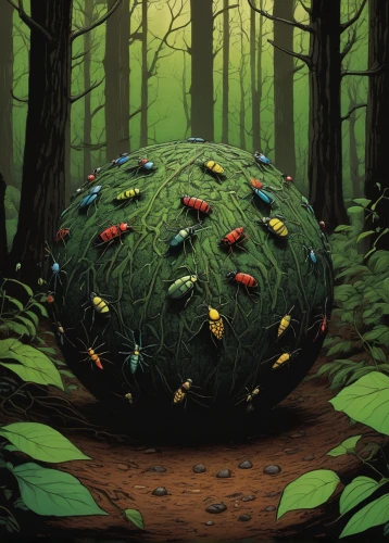 forest mushroom,mushroom landscape,insect ball,forest fruit,tree mushroom,forest mushrooms,little planet,round hut,druid stone,fallen acorn,world digital painting,fungal science,wood dung beetle,ant hill,earth fruit,toadstool,forest beetle,fir tree ball,fairy house,decorative pumpkins,Illustration,Paper based,Paper Based 26