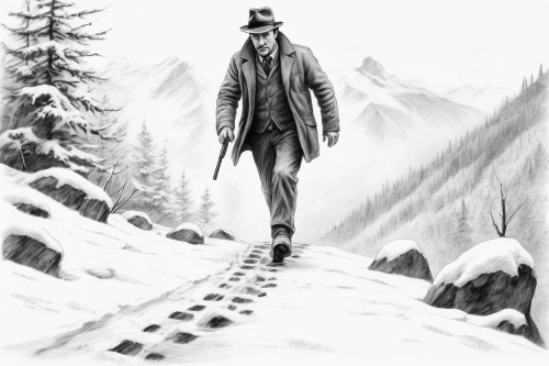 the wanderer,mountain guide,chasseur,mountaineer,game illustration,walking man,pilgrim,hiker,snow drawing,indiana jones,farmer in the woods,wolverine,the spirit of the mountains,sci fiction illustration,deadwood,game drawing,undertaker,rorschach,highlander,fan art,Illustration,Black and White,Black and White 35