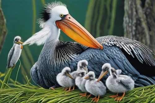 dalmatian pelican,eastern white pelican,white pelican,great white pelican,great white pelicans,pelicans,in the mother's plumage,baby stork,stork,mother with children,storks,mother and children,brown pelican,parents and chicks,platycercus,the mother and children,herons,white storks,bird painting,pelican,Conceptual Art,Daily,Daily 19