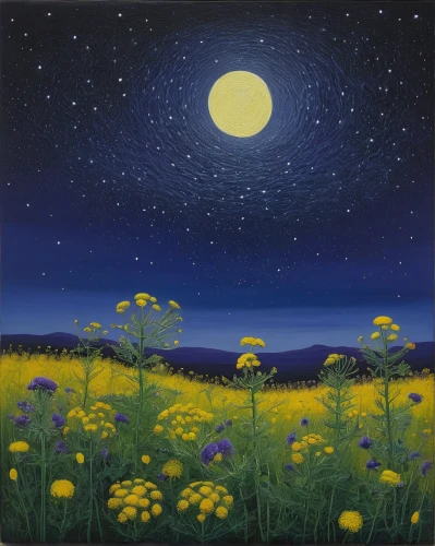 carol colman,dandelion field,dandelion meadow,cosmos field,starry night,moonlit night,meadow landscape,summer meadow,night scene,blooming field,blue moon,sulfur cosmos,cosmos flowers,flower meadow,cosmos wind,starry sky,blue moon rose,carol m highsmith,flower field,wildflower meadow,Art,Artistic Painting,Artistic Painting 26