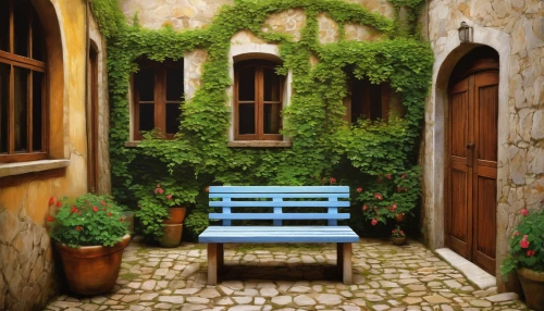 garden bench,outdoor bench,italian painter,provence,rothenburg,home landscape,photo painting,patio,watercolor paris balcony,oil painting on canvas,watercolor cafe,sicily window,bench,art painting,aix-en-provence,courtyard,oil painting,miniature house,italy,idyll,Art,Artistic Painting,Artistic Painting 29