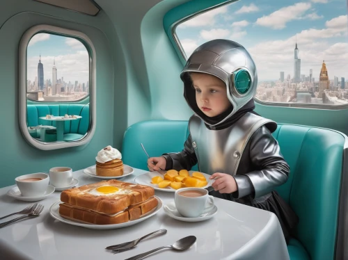 breakfast on board of the iron,sci fiction illustration,space tourism,airplane passenger,air new zealand,airline travel,world digital painting,girl with bread-and-butter,flying food,retro diner,traveller,air travel,ship travel,kids' meal,yuri gagarin,galaxy express,stewardess,air transport,supersonic transport,surrealism,Photography,Documentary Photography,Documentary Photography 13