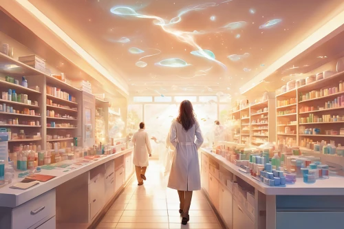 pharmacy,apothecary,pharmacist,sci fiction illustration,chemist,in the pharmaceutical,watercolor shops,pantry,soap shop,laboratory,reagents,cosmetics counter,chemical laboratory,convenience store,pharmaceutical,bookstore,pharmaceutical drug,medicines,lab,science fiction,Illustration,Realistic Fantasy,Realistic Fantasy 01
