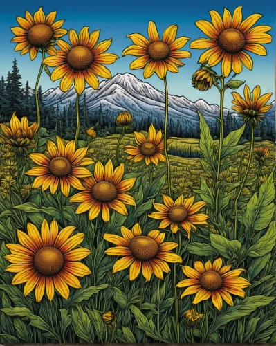 sunflower field,sunflowers in vase,perennials-sun flower,alpine meadow,sunflowers,alpine meadows,mountain meadow,sun daisies,yellow daisies,rudbeckia,sun flowers,flower painting,salt meadow landscape,sunflower paper,meadow landscape,sunflower coloring,woodland sunflower,barberton daisies,summer meadow,alpine flowers,Illustration,Black and White,Black and White 14