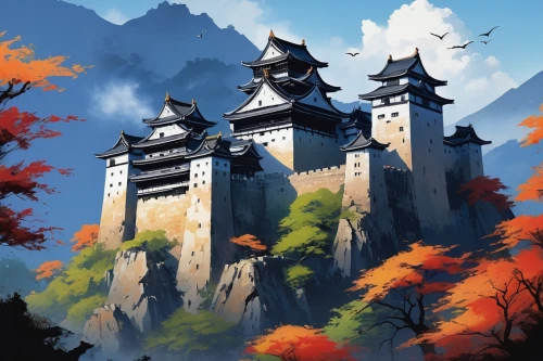 autumn mountains,summit castle,autumn scenery,fall landscape,autumn landscape,castles,castle,autumn background,meteora,mountain settlement,autumn day,fantasy landscape,chinese temple,yunnan,knight's castle,monastery,chinese architecture,world digital painting,castle iron market,one autumn afternoon,Conceptual Art,Oil color,Oil Color 09