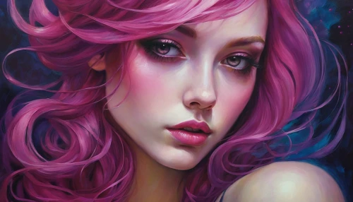 oil painting on canvas,la violetta,pink lady,fantasy portrait,mystical portrait of a girl,girl portrait,pink dawn,art painting,pink-purple,oil painting,dark pink in colour,deep pink,young woman,fantasy art,pink beauty,fuchsia,mermaid background,chalk drawing,pink hair,romantic portrait,Illustration,Realistic Fantasy,Realistic Fantasy 30