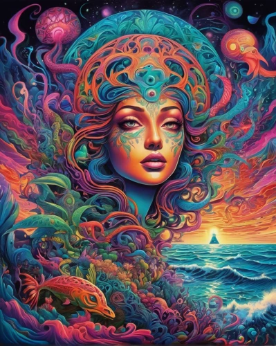 psychedelic art,mother earth,andromeda,pachamama,medusa,aquarius,astral traveler,mantra om,yogananda,coral swirl,lsd,fantasia,colorful spiral,psychedelic,tantra,aura,coral reef,mother nature,ocean paradise,fantasy art,Illustration,Realistic Fantasy,Realistic Fantasy 39