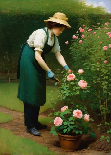 girl picking flowers,work in the garden,picking flowers,gardener,girl in the garden,rosebush,bibernell rose,rose woodruff,flower painting,garden work,garden roses,gardening,way of the roses,landscape rose,rosa,rosebushes,old country roses,blooming roses,ground rose,garden cosmos,Art,Classical Oil Painting,Classical Oil Painting 44